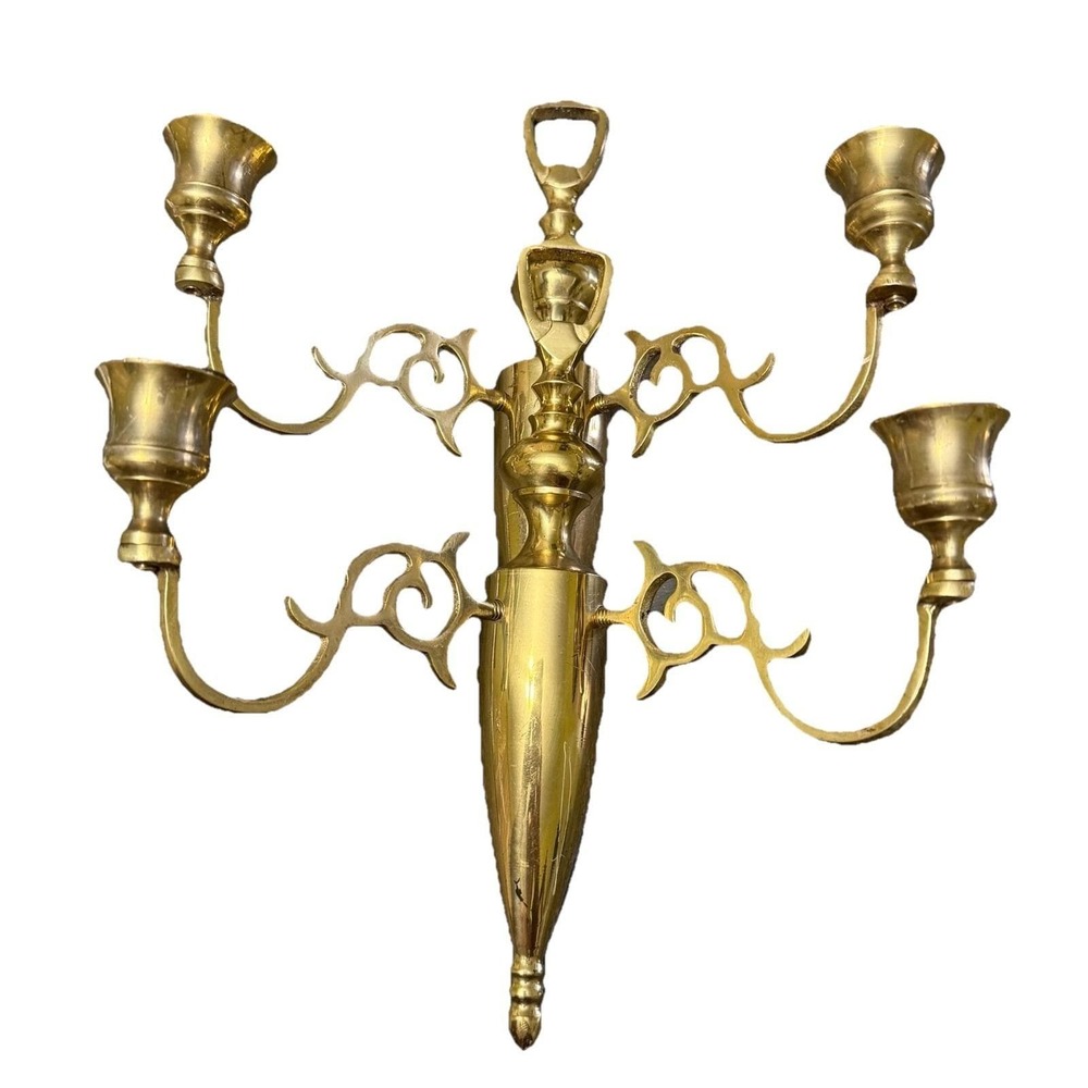 Vintage Brass Wall Candle Sconces Pair 2 Arm Hollywood Regency‎ Gold Decor
